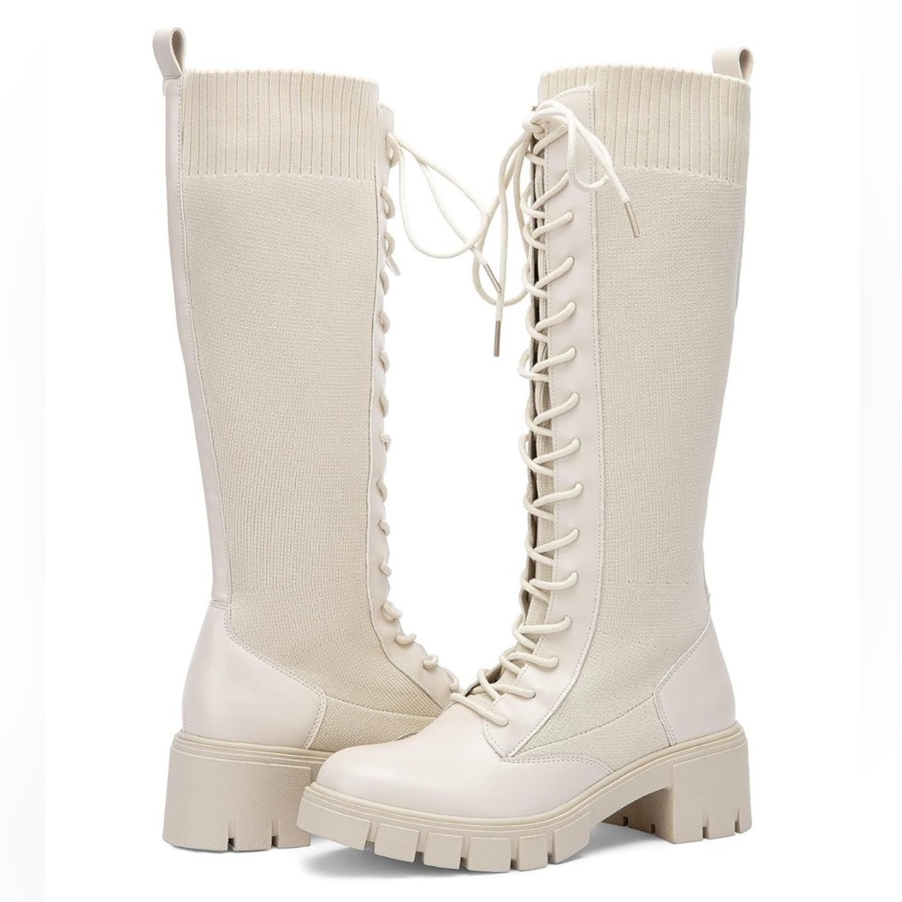 Vepose Women’s Knee High Lace Up Chunky Platform Boots Beige Combat Style
